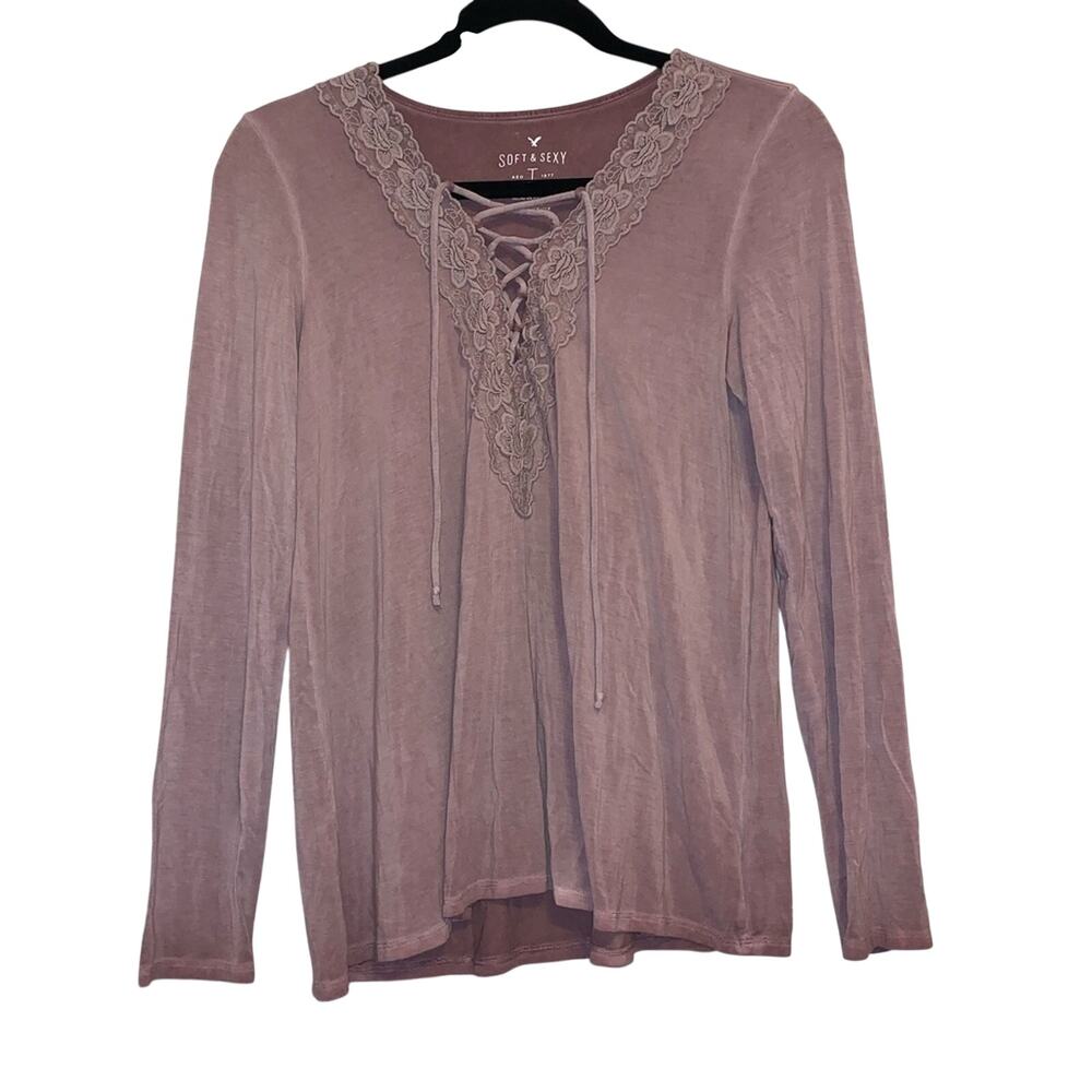 AEO Soft & Sexy Lace Up Top Medium Mauve Long Sleeve Boho Lace Trim Shirt‎